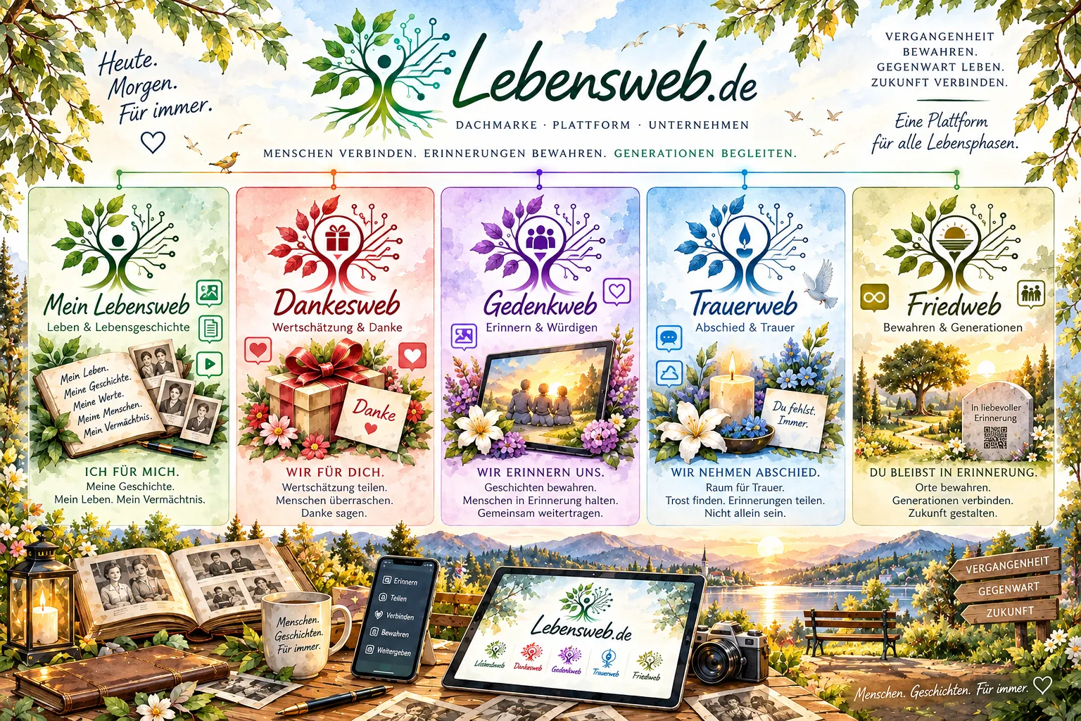 Lebensweb.de – Dachmarke · Plattform · Unternehmen. Die fünf Marken: Mein Lebensweb – Leben & Lebensgeschichte, „Ich für mich.“; Dankesweb – Wertschätzung & Danke, „Wir für Dich.“; Gedenkweb – Erinnern & Würdigen, „Wir erinnern uns.“; Trauerweb – Abschied & Trauer, „Wir nehmen Abschied.“; Friedweb – Bewahren & Generationen, „Du bleibst in Erinnerung.“